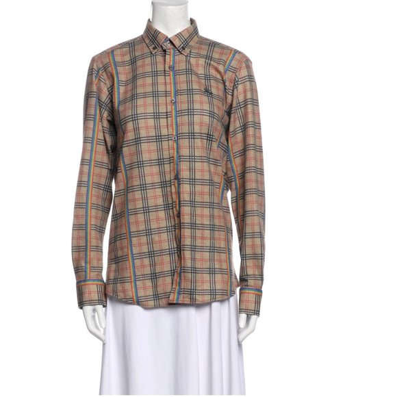 BURBERRY BRIT Plaid Print Long Sleeve Button-Up Top Size: S Rainbow - Picture 2 of 8
